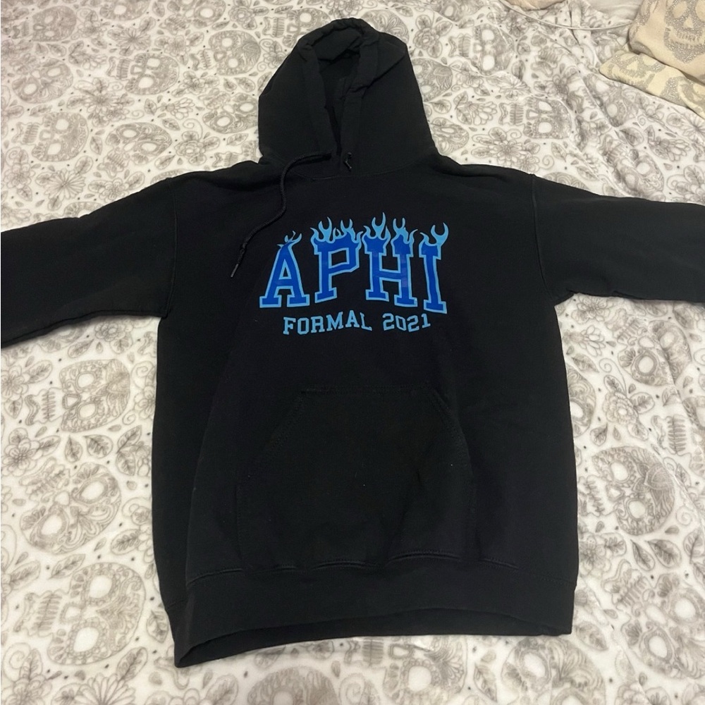Black Alpha Phi VINTAGE hoodie with “APHI” in blue flames font & “FORMAL 2021”